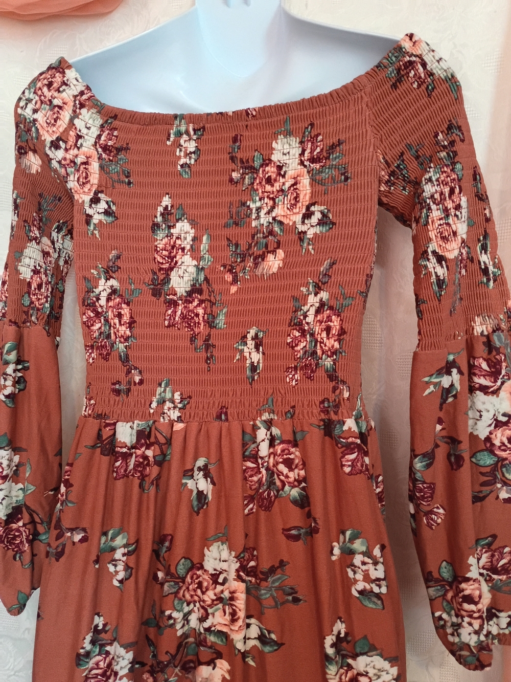🛍️ BUNDLE ONLY🛍️Dusty Rose Floral Off-Shoulder Long Sleeve Midi Dress - Picture 6 of 10